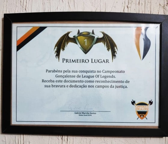 Certificado do torneio que Cariok disputou em São Gonçalo | Foto: Acervo pessoal - League of Legends