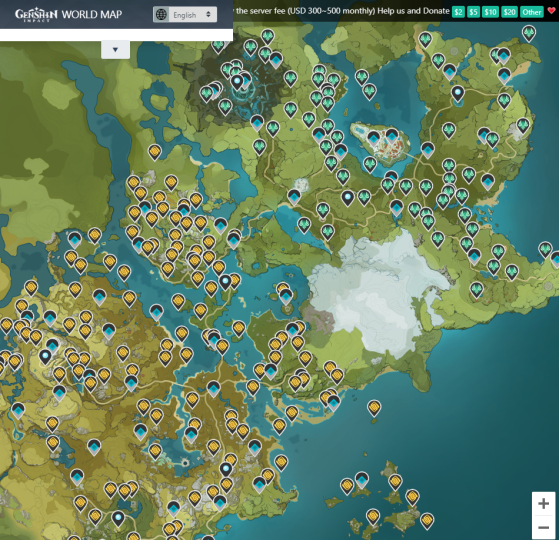 Basta dar zoom no mapa no navegador para ver as regiões e itens com detalhes. - Genshin Impact