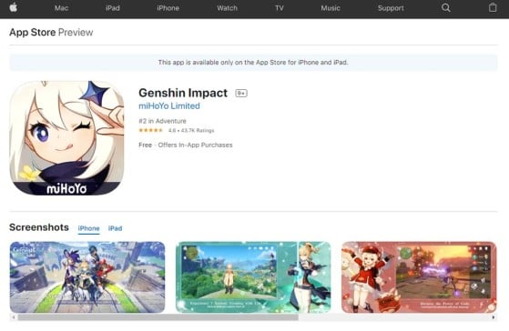 Imagem: Google Play/Reprodução - Genshin Impact