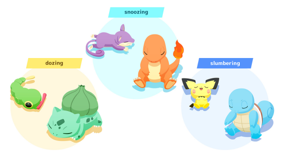 Os diferentes tipos de sono dos Pokémon, com Bulbasaur, Caterpie, Rattata, Charmander, Pichu e Squirtle — Imagem: - Pokémon Scarlet e Violet