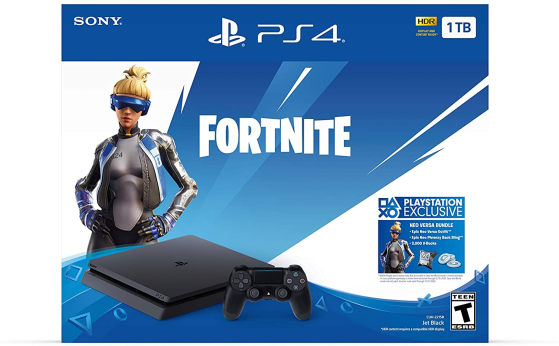 Um pacote em parceria com a PlayStation trouxe uma skin e V-Bucks junto de um PS4. | Imagem: Reprodução - Fortnite Battle Royale