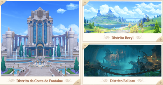Distrito da Corte de Fontaine, o Distrito de Beryl e o Distrito de Belleau — Imagem: Reprodução/HoYoverse - Genshin Impact