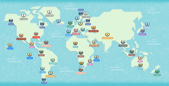 Mapa com os habitats das 18 formas de Vivillon - Pokémon GO