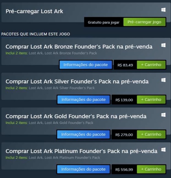 As diferentes ofertas de Founder's Pack de Lost Ark e seus preços. | Imagem: Steam/Reprodução - Lost Ark