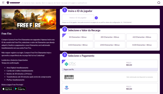 Como fazer recarga de diamantes no jogo Free Fire utilizando o PIX