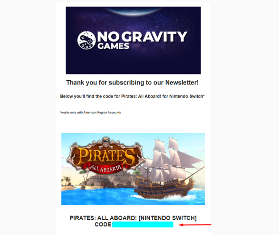 E-mail de confirmação com o código de Pirates: All Aboard! — Imagem: MGG Brasil/No Gravity Games - Millenium