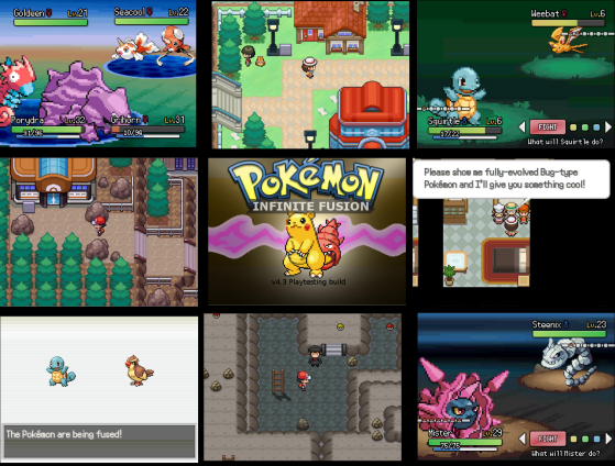 Capturas de tela do jogo fan-made que torna possível 176.400 combinações entre Pokémon — Imagem: Pokemon Infinite Fusion - Pokémon Scarlet e Violet