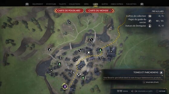 Hogwarts Legacy: Localização da loja Tomos e Pergaminhos no mapa de Hogsmeade - Hogwarts Legacy