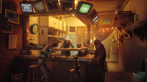 Cena do jogo Stray, enquanto o gato está em um restaurante - Millenium