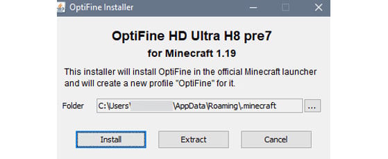 Clique em 'install' para instalar o OptiFine no PC - Minecraft