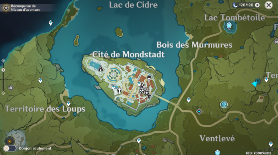 Cidade de Mondstadt no mapa. - Genshin Impact