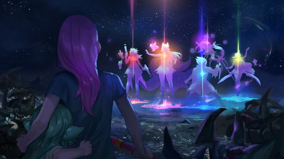 Ahri, Miss Fortune, Ezreal, Syndra e Soraka se mostram um esquadrão — Imagem: Riot Games/Divulgação - League of Legends
