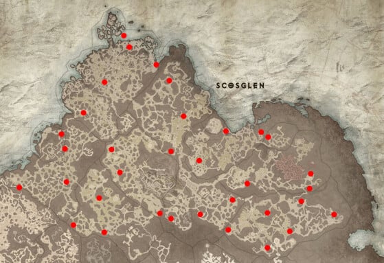 Localização dos Altares de Lilith em Scosglen —  Imagem: Reprodução/Blizzard - Diablo IV