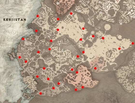 Posição dos Altares de Lilith na região de Kehjistan —  Imagem: Reprodução/Blizzard - Diablo IV