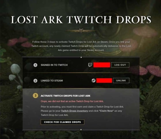 A página oficial dos Twitch Drops no site de Lost Ark é onde o jogador pode checar se as contas estão conectadas. | Imagem: playlostark.com/Reprodução - Lost Ark