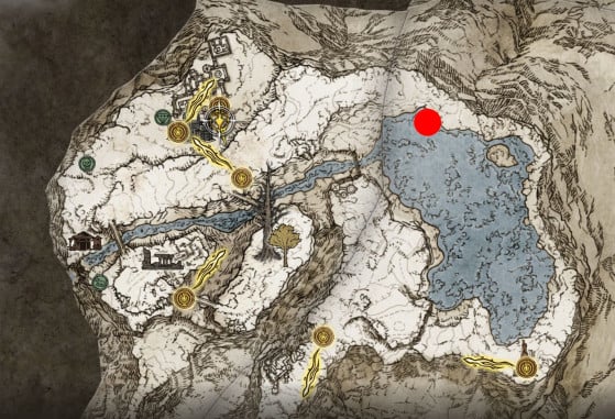 A localização aproximada (ponto vermelho) do escaravelho que dá a habilidade Seppuku - Elden Ring