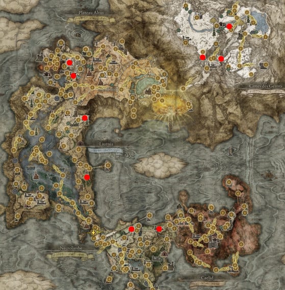 Mapa com as 9 Raízes da Morte - Elden Ring